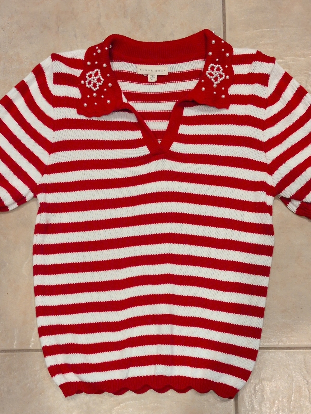 Blush Noir Red & White Striped Short Sleeve Sweater Size XL